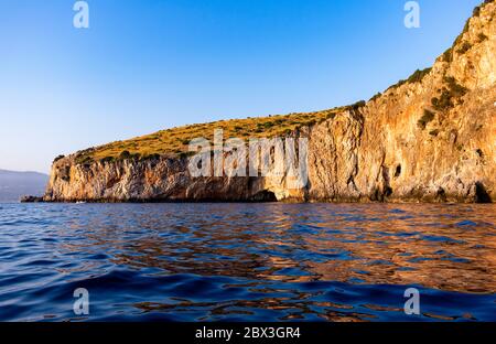 Italy, Campania, Capo Palinuro - 11 August 2019 - The cliff of Capo Palinuro kissed by the setting sun Stock Photo