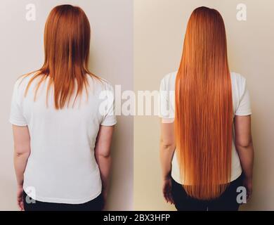 Hair. Before and After Advertising Portrait. Hairstyle. Haircare. Damaged Hair Treatment Stock Photo