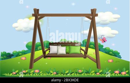 mock up illustration of hanging wooden chair with cushion in a garden Stock Vector