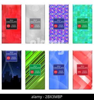 Set of Different Milk Chocolate Bar Isolated on White Background. Sweet Food Collection. Package Mock up Stock Vector