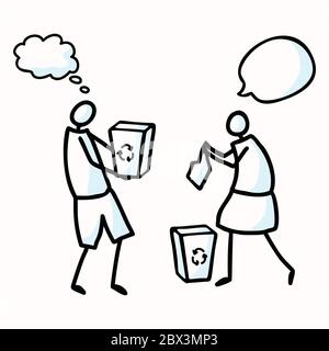 Hand Drawn Stick Figures Trash Collecting with Speech Bubbles. Concept of Clean Up Earth Day Communication. Comic Icon Motif for Environmental Earth Stock Vector