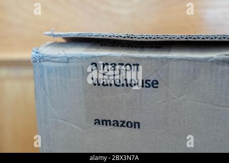 Close-up of logo for Amazon Warehouse on Amazon Prime package, San Ramon, California, May 20, 2020. () Stock Photo