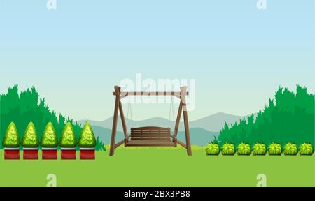 mock up illustration of hanging wooden chair in a garden Stock Vector