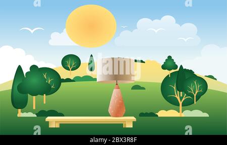 mock up illustration of table lamp in a garden Stock Vector
