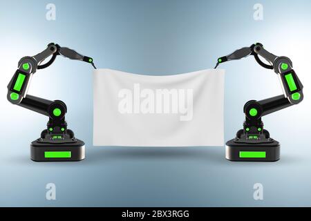 Blank poster supported by the robotic arms Stock Photo