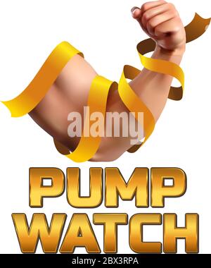 Pump Watch Fitness Athletic Vector Illustration. Biceps of strong man wrapped in a gold ribbon and isolated on white background. Perfect to use for ad Stock Vector