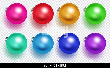 Set of multicolored Christmas balls with soft shadows, isolated on transparent background Stock Vector