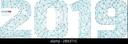 Abstract polygonal numbers for New Year 2019 with texture of starry sky or space universe. Vector illustration of wireframe numbers consisting of poly Stock Vector