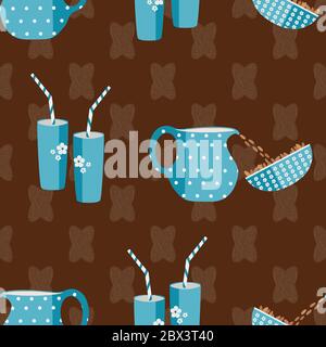 Almond milk vector seamless pattern background. Blue drinks glasses and jugs pouring healthy nuts into bowls on textured chocolate brown backdrop Stock Vector