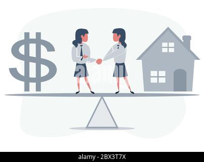 Business partners shaking hands as a symbol of unity. Business people standing on seesaw between house and dollar sign. Female work. Woman buys a Stock Vector