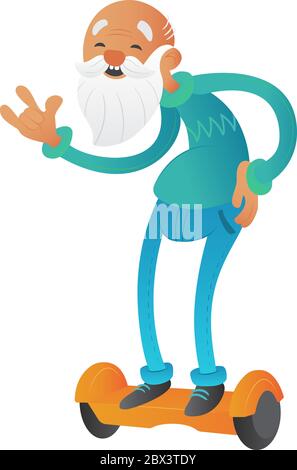 Happy youth bearded grandfather or old man cartoon character holding the waist and riding on hoverboard or electric self-balancing gyro scooter. Vecto Stock Vector