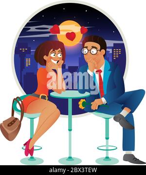 Speed dating romantic love event in cafe - young business woman and man couple on a date, talking, meeting, flirt and fall in love. Flat cartoon vecto Stock Vector