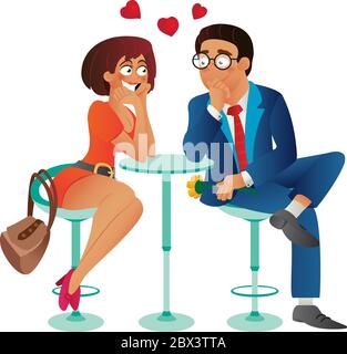 Speed dating romantic love event in cafe - young business woman and man couple on a date, talking, meeting, flirt and fall in love. Flat cartoon vecto Stock Vector