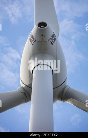 Albany Western Australia November 11th 2019 :  Close-up view of the back of a wind turbine nacelle at Albany wind farms in Western Australia Stock Photo