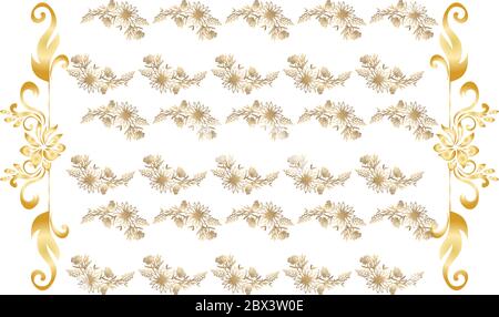 digital textile design of abstract gold leaves with borders Stock Vector