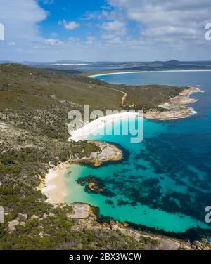Overhead three quarter view of Waterfall Beach next to the more famous Little Beach in Western Australia Stock Photo