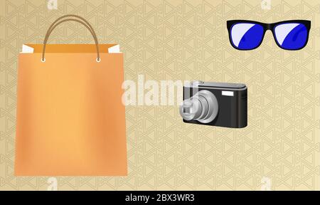 mock up illustration of camera and eye wear with a shopping bag Stock Vector