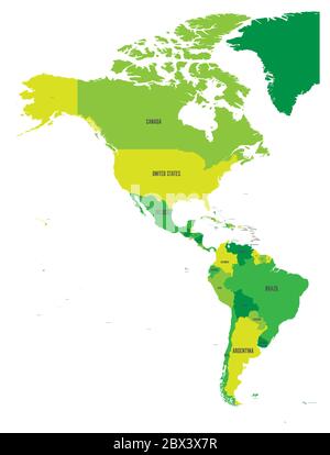 Political map of Americas in four shades of green on white background. North and South America with country labels. Simple flat vector illustration. Stock Vector