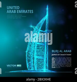 Burj Al Arab hotel skyscraper vector illustration. United Arab Emirates Dubai landmark consisting of polygons, points and lines on dark background. Pe Stock Vector