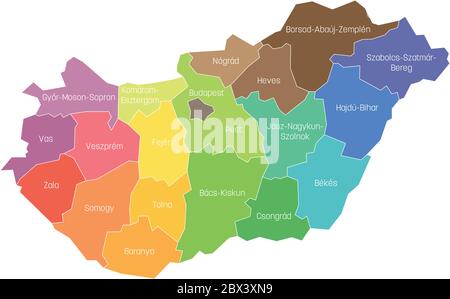 Counties of Hungary. Map of regional country administrative divisions. Colorful vector illustration. Stock Vector