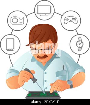 Old mustachioed repairman in glasses repairing gadget with a screwdriver in service center with digital device icons. Vector illustration isolated on Stock Vector