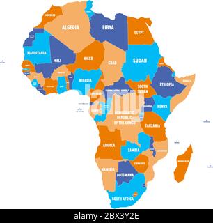 Multicolored political map of Africa continent with national borders and country name labels on white background. Vector illustration. Stock Vector