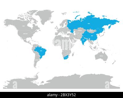 World map with highlighted member countries of BRICS - association of five major emerging national economies - Brazil, Russia, India, China and South Africa. Stock Vector