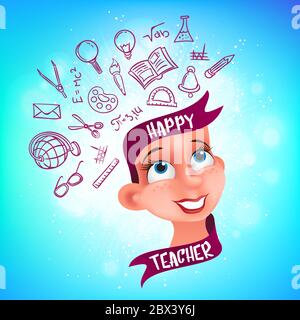 Greeting card or poster to Happy Teacher's day. Vector teacher's head with ribbon and mind map consisting of hand drawn school elements on colorful ba Stock Vector