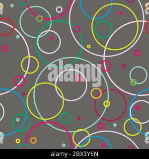 Seamless abstract pattern with colorful empty overlapping circles of different size. Bubbles and bulbs. Grey background. Vector illustration. Bright d Stock Vector