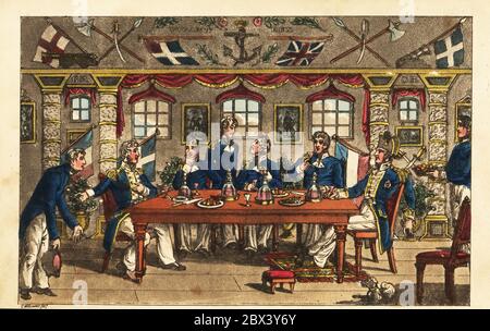 Midshipman Newcome bowing as he leaves dinner in the captain's cabin, HMS Victory. Captain Spring, Admiral Hearty and other offiicers drink wine after dinner. The room is decorated with flags, anchors, swords, axes, prints. State cabin - Newcome’s exit after dinner. Handcoloured copperplate engraving after an illustration by Charles Williams from John Mitford’s Adventures of Johnny Newcome in the Navy, London, 1819. Stock Photo