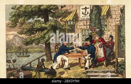 Midshipman Newcome and Master’s Mate Spunyarn drinking black strap or Malaga wine at the Navy Tavern, at the summit of Scud Hill, Gibraltar. Widow Cummings brings more wine, a monkey sits on a cannon. Handcoloured copperplate engraving after an illustration by Charles Williams from John Mitford’s Adventures of Johnny Newcome in the Navy, London, 1819. Stock Photo