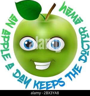 Funny and cute Green Apple cartoon mascot character with lettering One apple a day keeps the doctor away. Perfect to use on t-shirts design, bags, sta Stock Vector