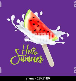 Slice of watermelon fruit ice cream on a stick with milk or yogurt drops. Vector illustration. Can be used for T-Shirt print design, web, poster, bann Stock Vector