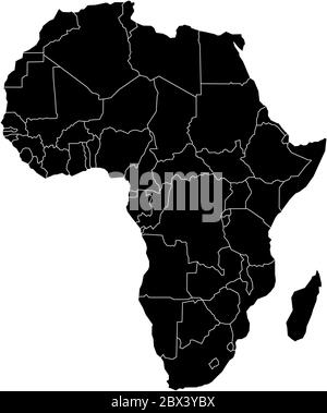 Simple flat black map of Africa continent with national borders isolated on white background. Vector illustration. Stock Vector