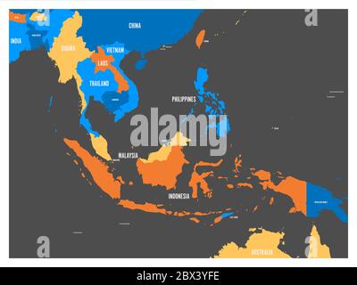 South East Asia political map in four colors with white country names labels. Simple flat vector illustration. Stock Vector