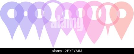 Set of various map pointers arranged in a row, patly transparent and overlapping. Simple flat silhouette of vector objects. Stock Vector