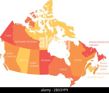 Map of Canada divided into 10 provinces and 3 territories. Administrative regions of Canada. Orange map with labels. Vector illustration. Stock Vector