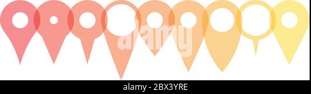 Set of various map pointers arranged in a row, patly transparent and overlapping. Simple flat silhouette of vector objects. Stock Vector