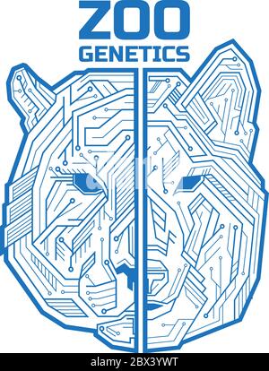 A half of a dog or wolf head with half of a tiger or bear head consisting of microelectronic circuits and dots. Vector illustration isolated on white Stock Vector