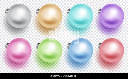 Set of multicolored Christmas balls with soft shadows, isolated on transparent background Stock Vector