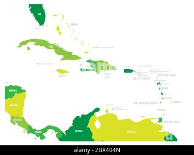 Central America and Caribbean states political map in four shades of green with black country names labels. Simple flat vector illustration. Stock Vector