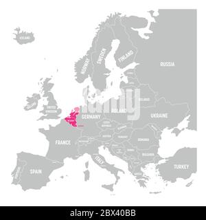 Benelux states Belgium, Netherlands and Luxembourg pink highlighted in the political map of Europe. Vector illustration. Stock Vector