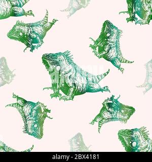 Seamless pattern of hand drawn sketch style iguana lizards. Isolated vector illustration. Stock Vector