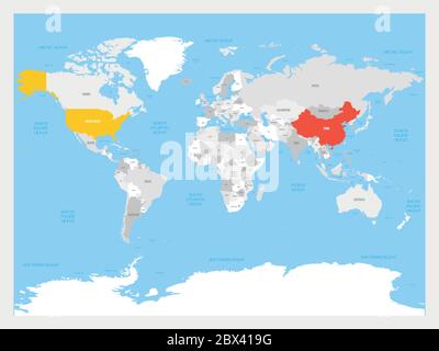 United States and China highlighted on political map of World. Vector illustration. Stock Vector