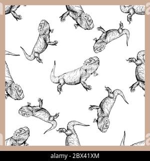Seamless pattern of hand drawn sketch style bearded dragons isolated on white background. Vector illustration. Stock Vector