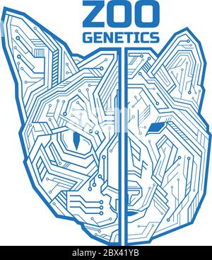 A half of a dog or wolf head with half of a cat head consisting of microelectronic circuits and dots. Vector illustration isolated on white background Stock Vector