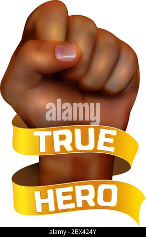 African american human fist witn golden ribbon and true hero text on white background. Vector illustration. Can be used on t-shirt print, bag, poster, Stock Vector