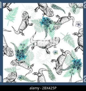 Seamless pattern of hand drawn sketch style bearded dragons and plants isolated on white background. Vector illustration. Stock Vector