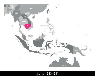 Vector map of Cambodia. Pink highlighted in Southeast Asia region. Stock Vector