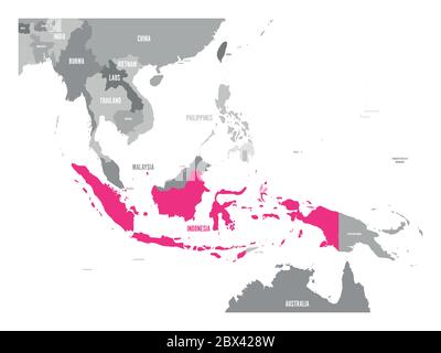 Vector map of Indonesia. Pink highlighted in Southeast Asia region. Stock Vector